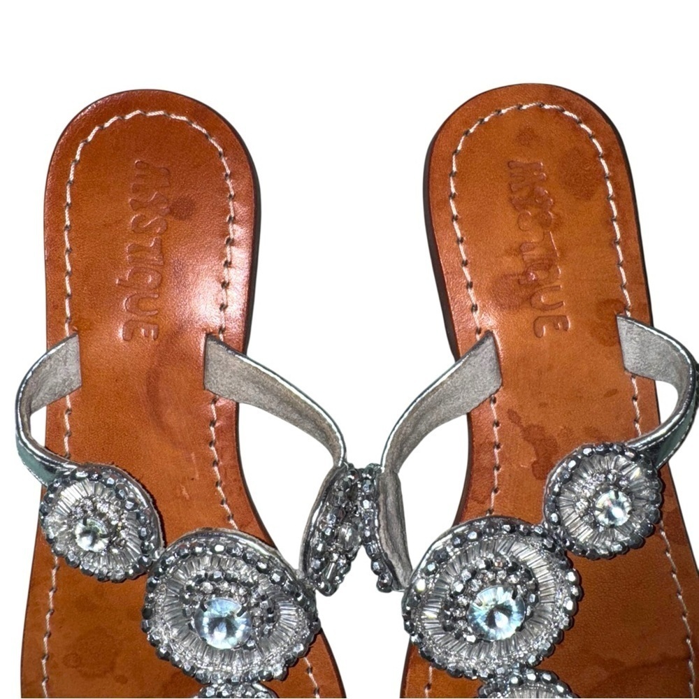 MYSTIQUE Vintage Leather Crystal Rhinestone Jewel Thong Flip Flops Size 6 - Picture 5 of 9